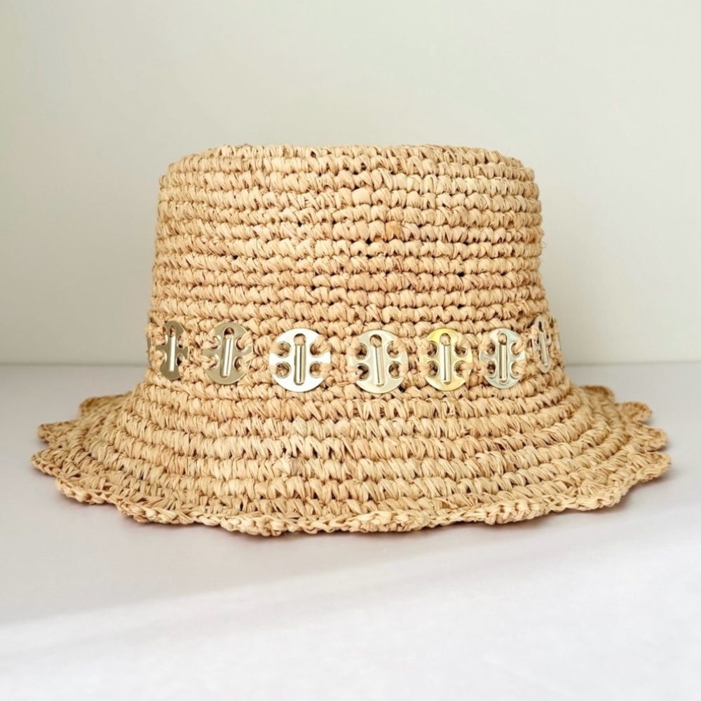 Paco Rabanne Embellished Raffia Bucket Hat Beige